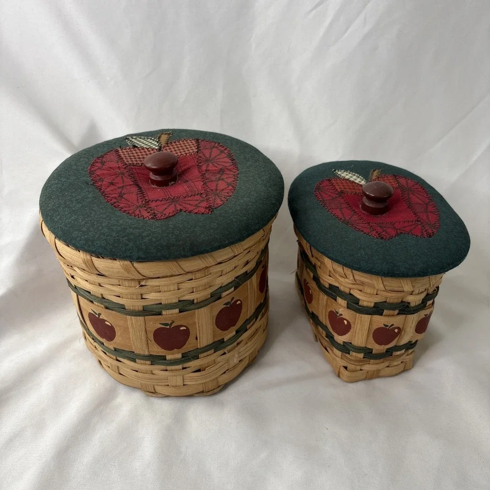 Vtg Cottagecore Woven Wood Apple Baskets w Fabric Patchwork Lids Set Of 2 Rustic
